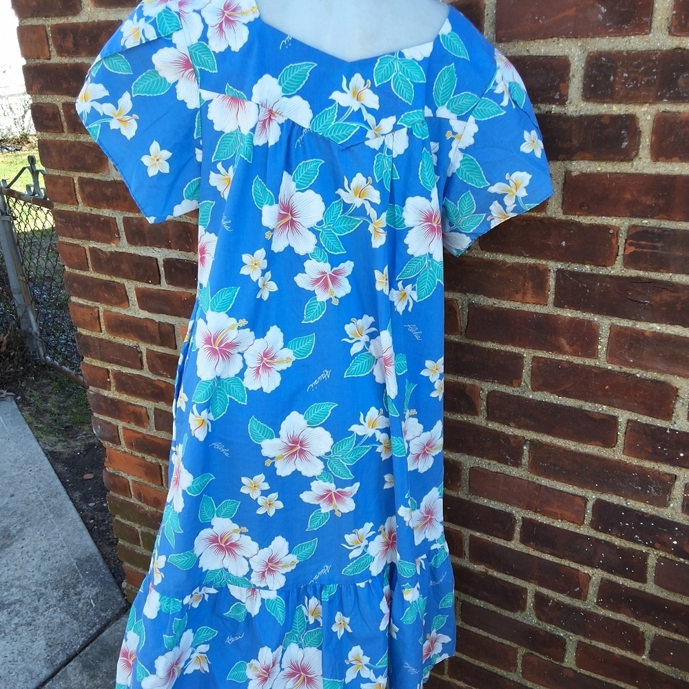 Vintage Hawaiian Blue Hibiscus Floral Puff Sleeve Ruffle Hem Dress XL - Picture 4 of 10